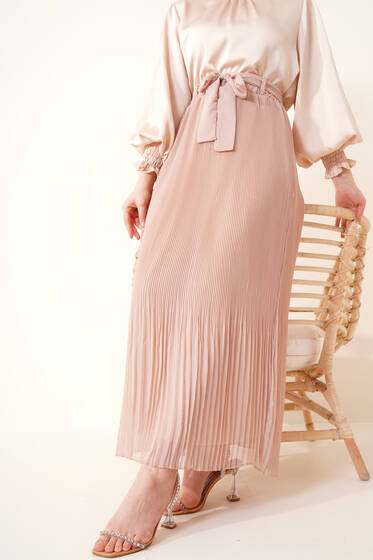 Pilise Detaylı Şifon Etek Camel - Etek