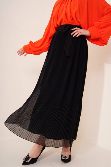 Pilise Detaylı Şifon Etek Siyah - Etek