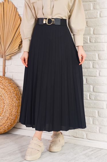 Pilise Detaylı Siyah Etek - Uzun Etek