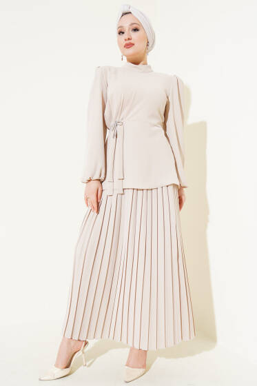 Pilise Etekli Tunik İkili Takım Bej - İkili Takım