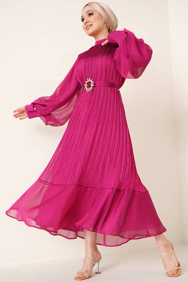 Piliseli Balon Kol Saten Elbise Fuşya - Tesettür Elbise