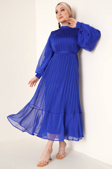 Piliseli Balon Kol Saten Elbise Saks - Tesettür Elbise