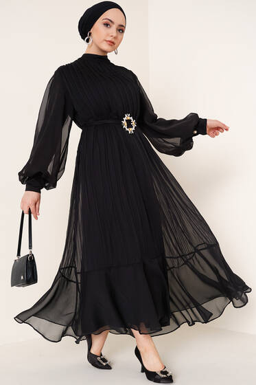 Piliseli Balon Kol Saten Elbise Siyah - Tesettür Elbise