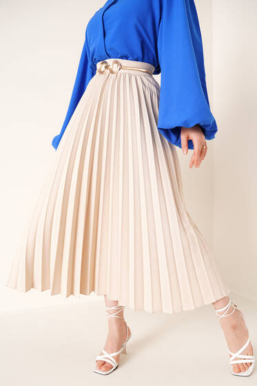 Piliseli Bel Lastikli Etek Bej - Uzun Etek
