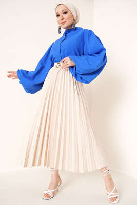 Piliseli Bel Lastikli Etek Bej - Uzun Etek