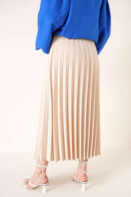 Piliseli Bel Lastikli Etek Bej - Uzun Etek