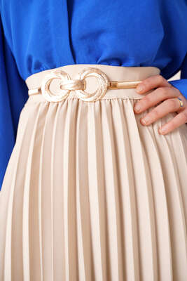 Piliseli Bel Lastikli Etek Bej - Uzun Etek