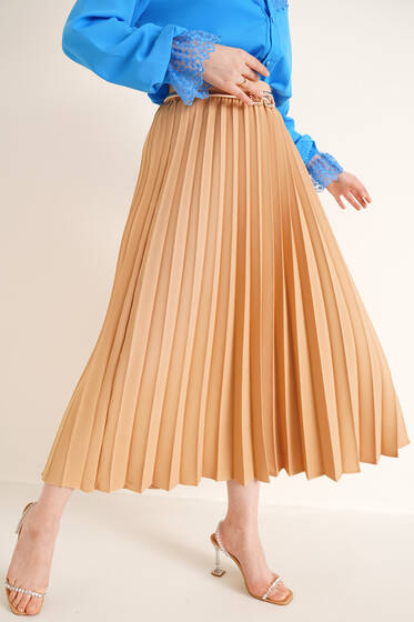 Piliseli Bel Lastikli Etek Camel - Uzun Etek