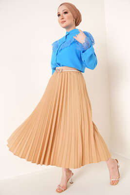 Piliseli Bel Lastikli Etek Camel - Uzun Etek