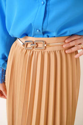 Piliseli Bel Lastikli Etek Camel - Uzun Etek