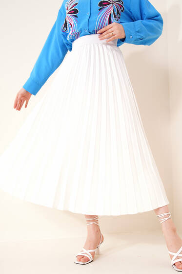 Piliseli Bel Lastikli Etek Ekru - Uzun Etek