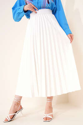 Piliseli Bel Lastikli Etek Ekru - Uzun Etek