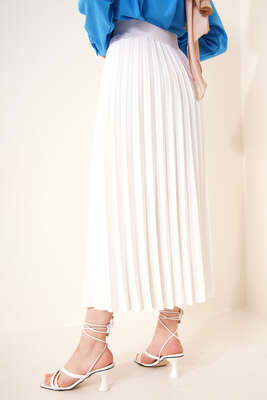 Piliseli Bel Lastikli Etek Ekru - Uzun Etek