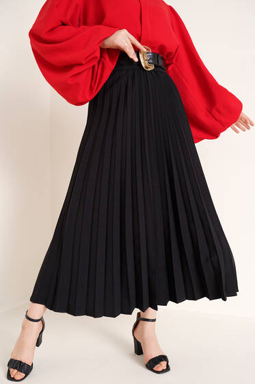 Piliseli Bel Lastikli Etek Siyah - Uzun Etek