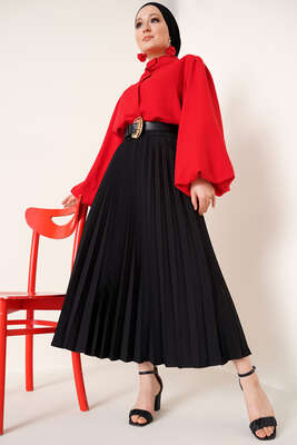 Piliseli Bel Lastikli Etek Siyah - Uzun Etek