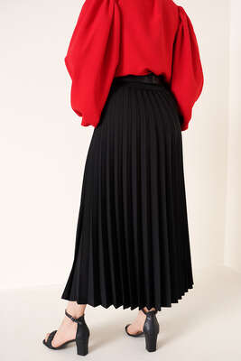 Piliseli Bel Lastikli Etek Siyah - Uzun Etek