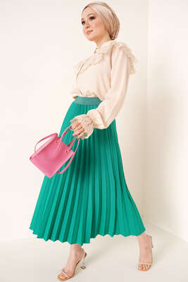 Piliseli Bel Lastikli Etek Yeşil - Uzun Etek