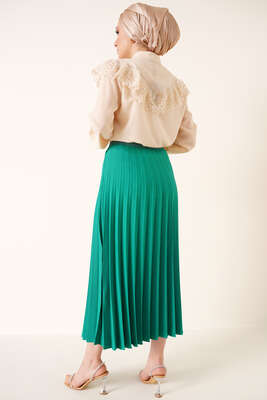 Piliseli Bel Lastikli Etek Yeşil - Uzun Etek