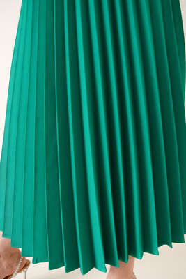 Piliseli Bel Lastikli Etek Yeşil - Uzun Etek
