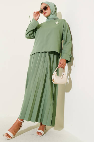 Piliseli Bilek İpli Dabıl Etekli Takım Çağla Yeşili - İkili Takım