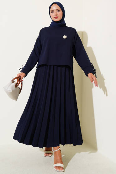 Piliseli Bilek İpli Dabıl Etekli Takım Lacivert - İkili Takım