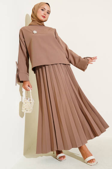 Piliseli Bilek İpli Dabıl Etekli Takım Latte - İkili Takım