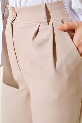 Piliseli Bol Paça Pantolon Bej - Kumaş Pantolon