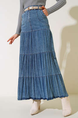 Piliseli Cepli Etek Kot - Uzun Etek