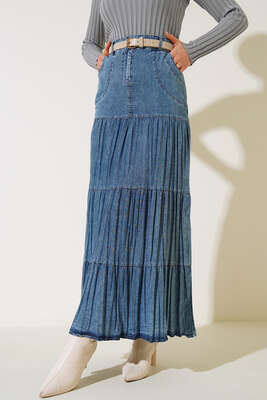 Piliseli Cepli Etek Kot - Uzun Etek