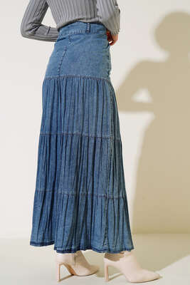 Piliseli Cepli Etek Kot - Uzun Etek