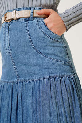 Piliseli Cepli Etek Kot - Uzun Etek