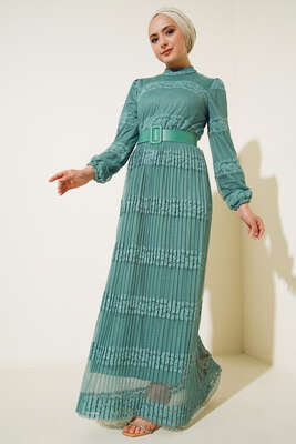 Piliseli Dantel Detaylı Tül Elbise Çağla Yeşili - Thumbnail