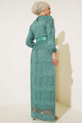 Piliseli Dantel Detaylı Tül Elbise Çağla Yeşili - Thumbnail