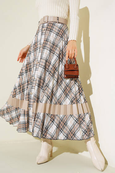 Piliseli Deri Garnili Etek Bej - Uzun Etek