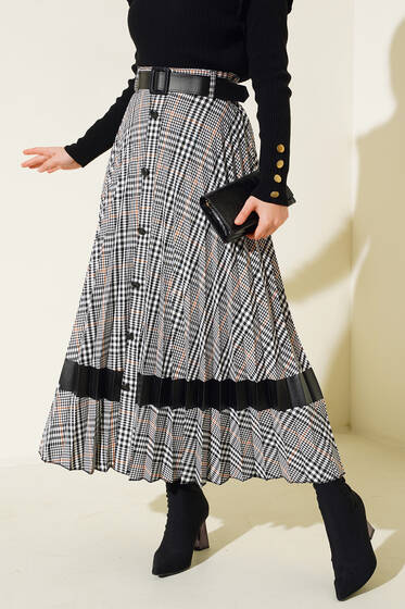 Piliseli Deri Garnili Etek Siyah - Uzun Etek