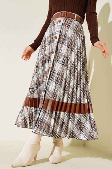 Piliseli Deri Garnili Etek Taba - Uzun Etek