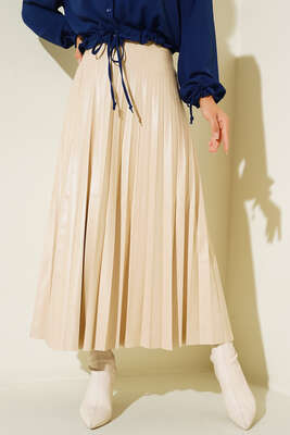 Piliseli Deri Görünüm Etek Bej 