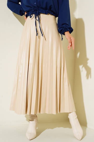 Piliseli Deri Görünüm Etek Bej - Uzun Etek