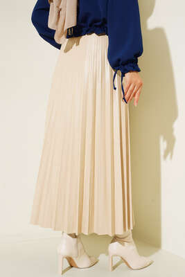 Piliseli Deri Görünüm Etek Bej - Uzun Etek