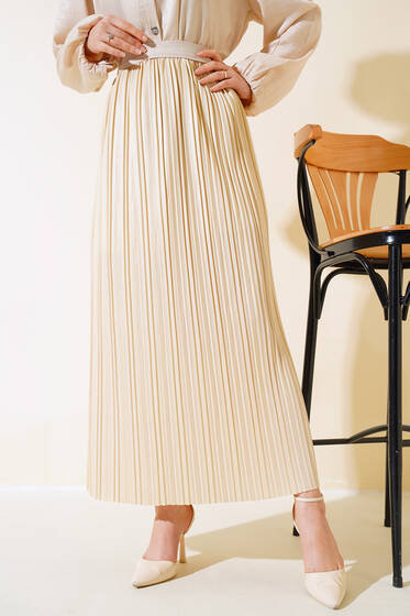 Piliseli Deri Görünümlü Etek Krem - Etek