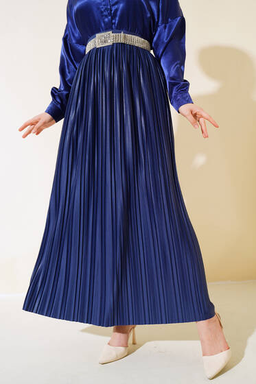 Piliseli Deri Görünümlü Etek Lacivert - Etek