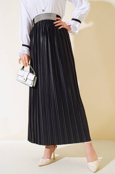 Piliseli Deri Görünümlü Etek Siyah - Etek