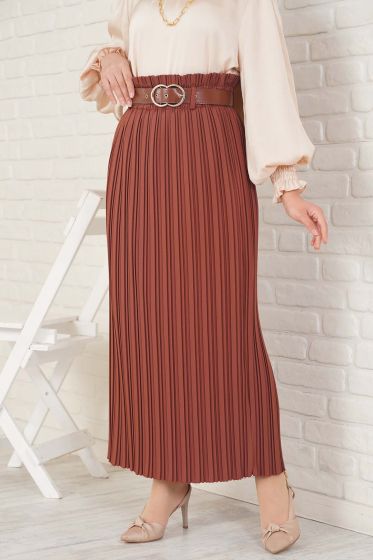 Piliseli Deri Kemerli Kahve Etek - Uzun Etek