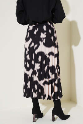 Piliseli Desenli Etek Bej Siyah - Uzun Etek