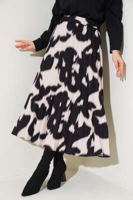 Piliseli Desenli Etek Bej Siyah - Uzun Etek