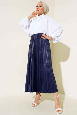 Piliseli Etek Lacivert - Uzun Etek