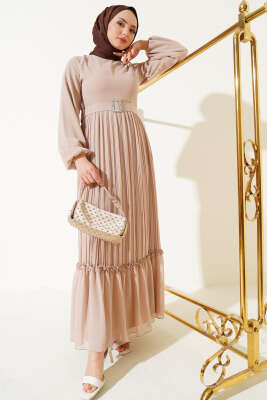 Piliseli Fırfırlı Kuşaklı Şifon Elbise Bej 