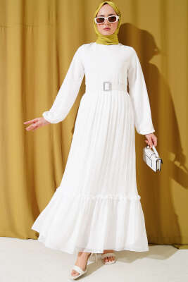 Piliseli Fırfırlı Kuşaklı Şifon Elbise Beyaz 