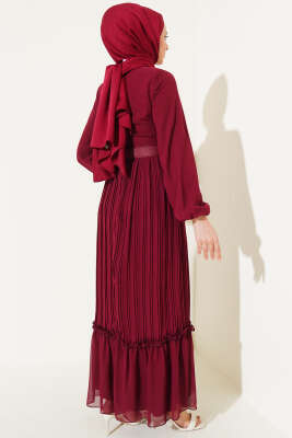 Piliseli Fırfırlı Kuşaklı Şifon Elbise Bordo - 700-1000 TL Ürünler
