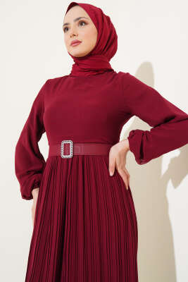 Piliseli Fırfırlı Kuşaklı Şifon Elbise Bordo - 700-1000 TL Ürünler